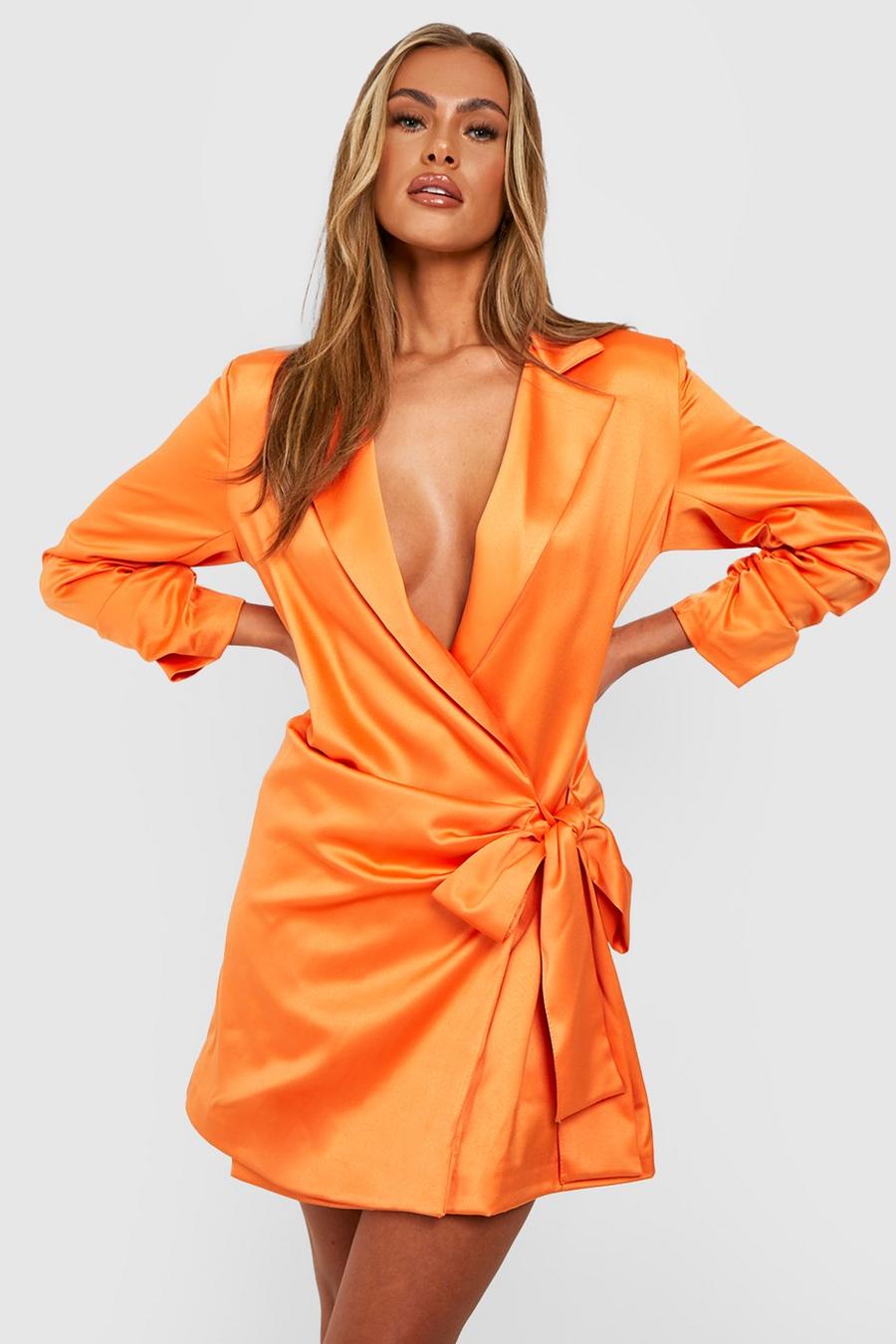 Orange Premium Satin Ruched Sleeve Wrap Blazer Dress image number 1