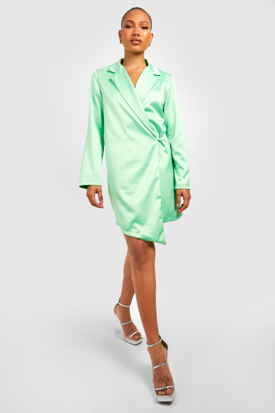 Lime Satin Wrap Blazer Dress image number 1