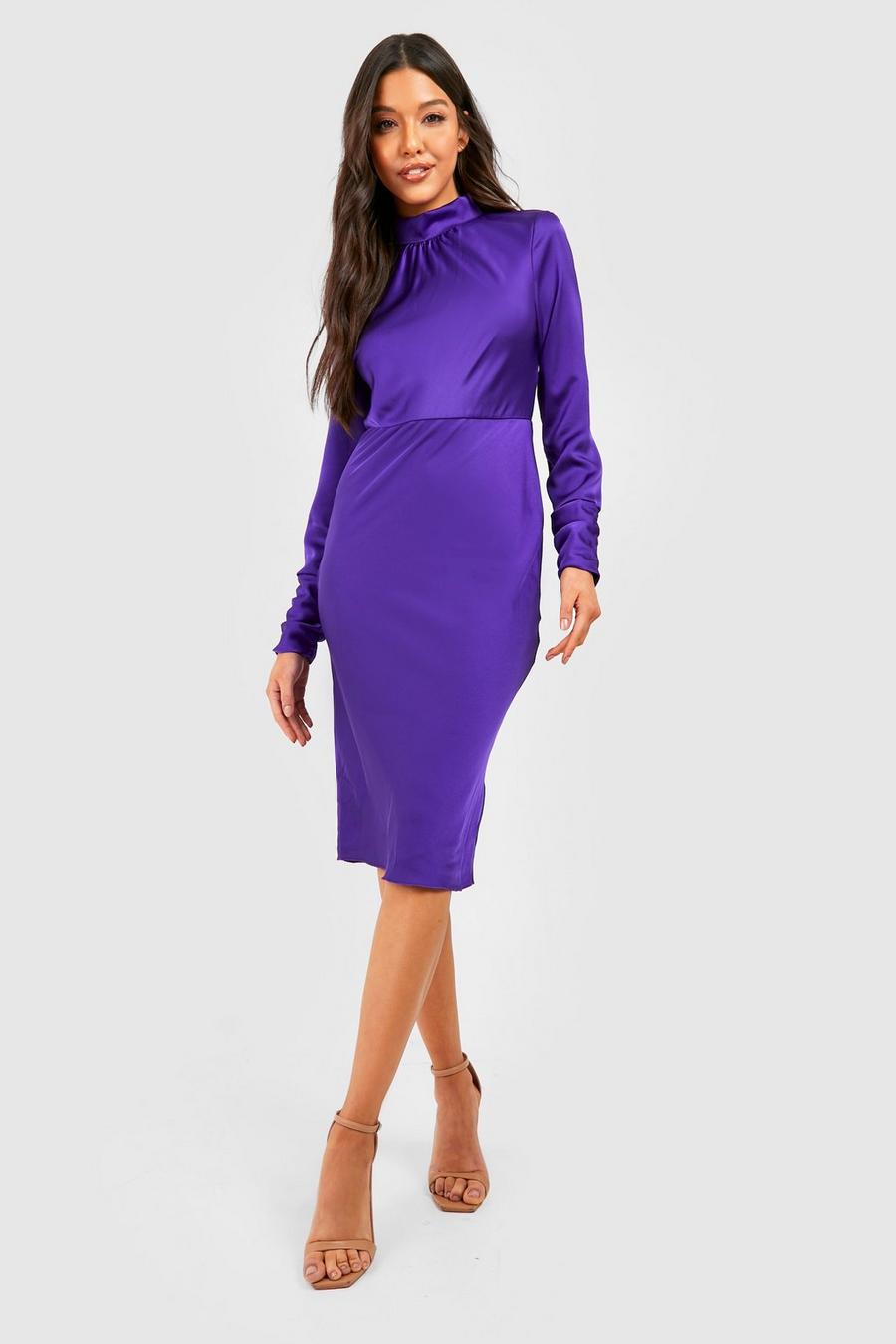 Vestito midi aperto sul retro in raso a collo alto, Jewel purple image number 1