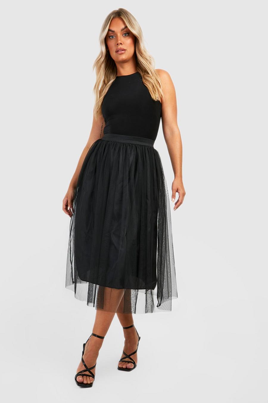 Black Plus Tulle Mesh Midi Skirt image number 1