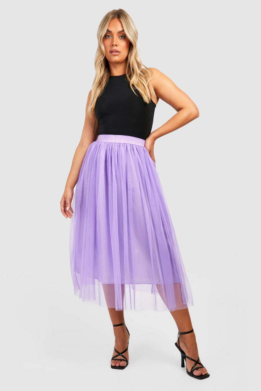 Lilac purple Plus Tulle Mesh Midi Skirt