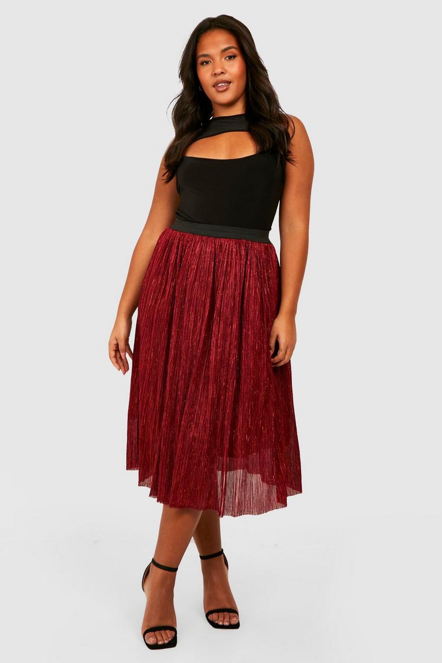 Burgundy red Plus Metallic Tulle Mesh Midi Skirt