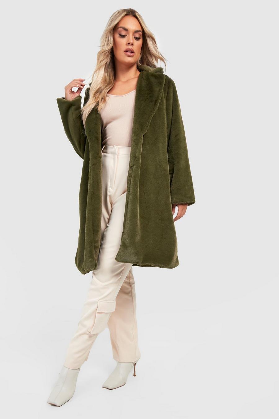 Khaki Plus Faux Fur Longline Coat   