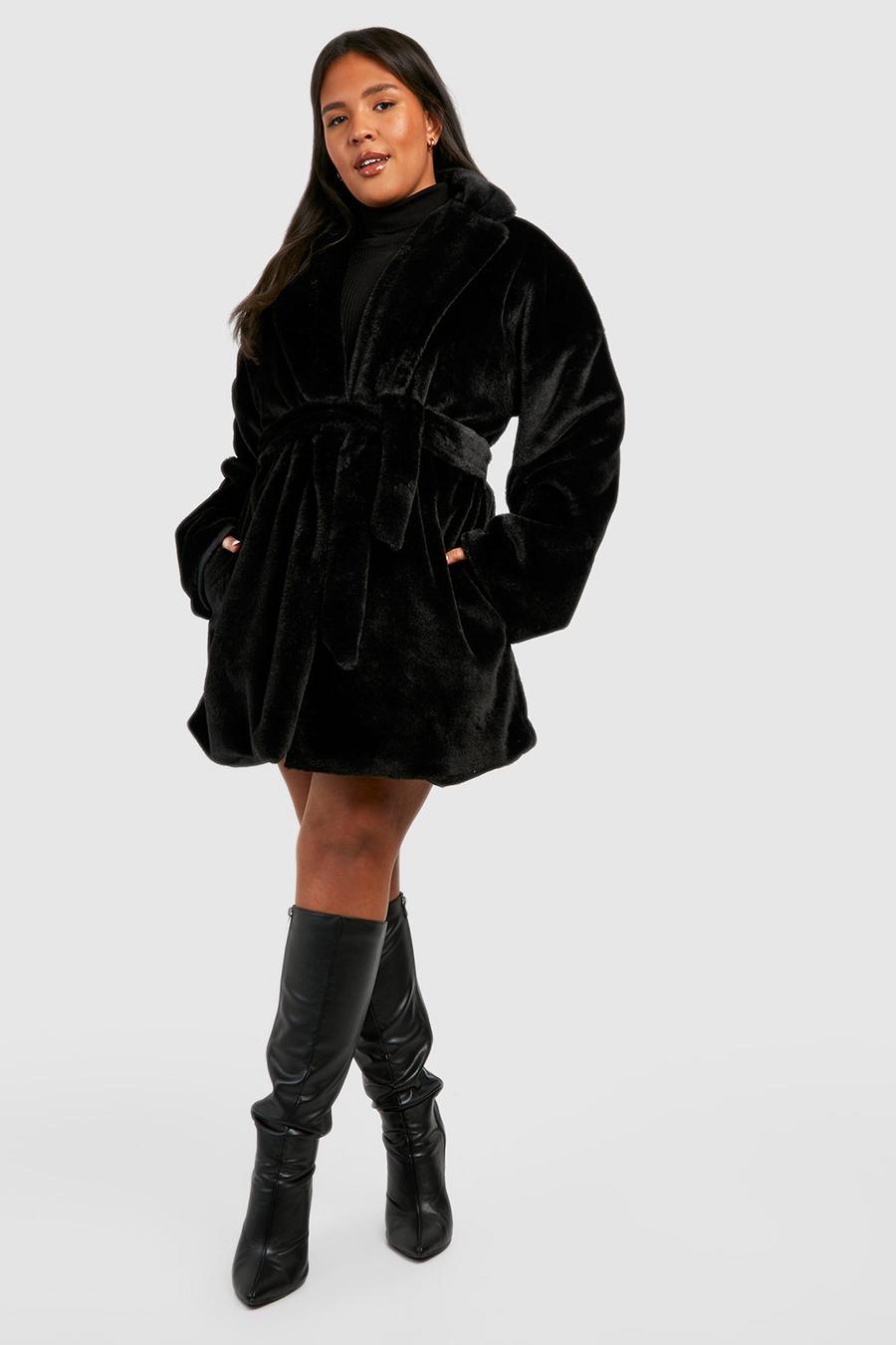 Black Plus Faux Fur Belted Coat   image number 1