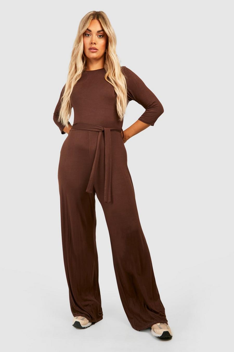 Chocolate Plus Basic Jersey Knit Belted Jumpsuit image number 1
