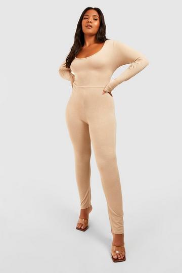 Plus Basic Jersey Knit Fitted Jumpsuit stone