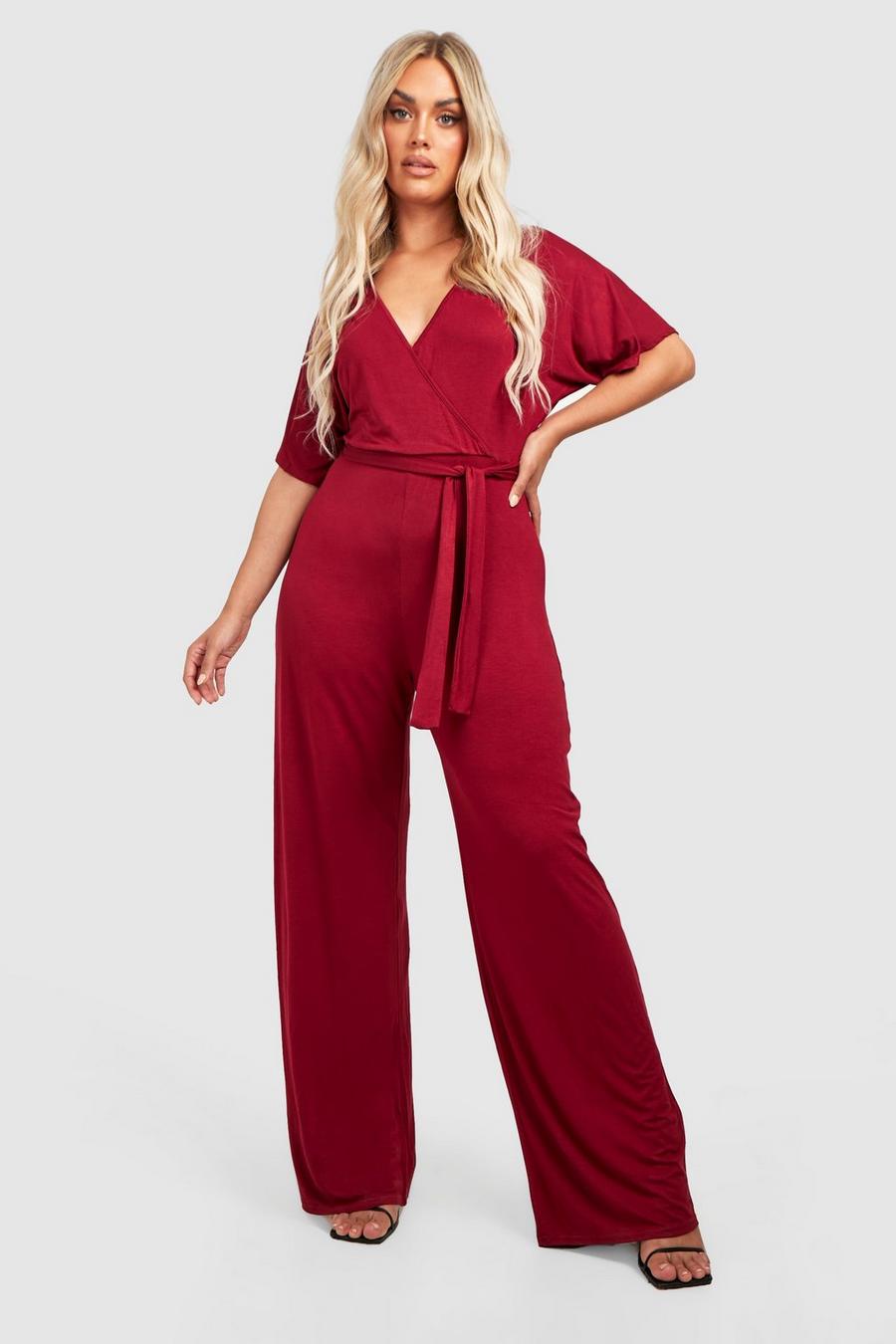 Berry red Plus Basic Jersey Wrap Jumpsuit image number 1