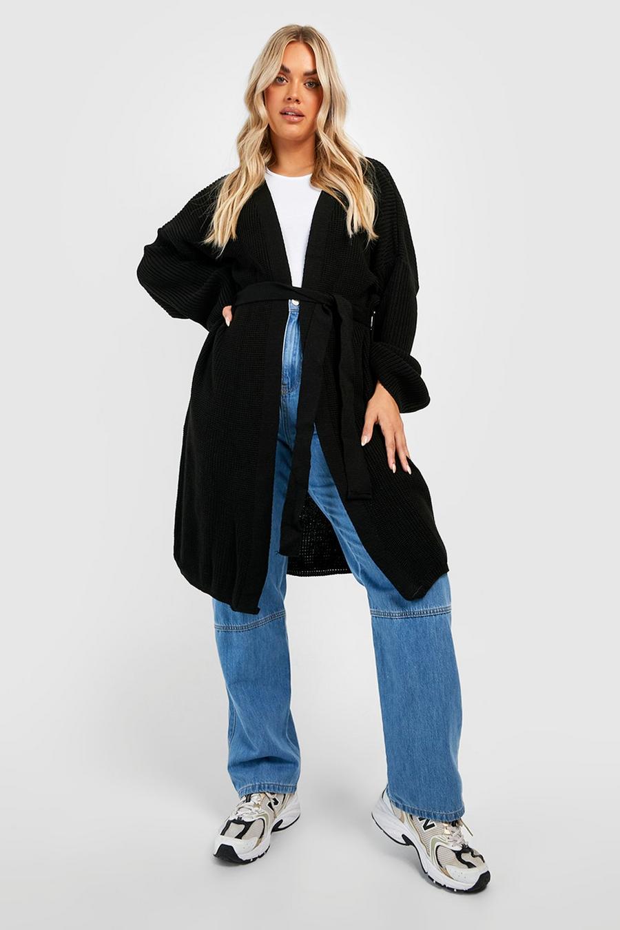Black Plus Knitted Oversized Belted Cardigan  image number 1