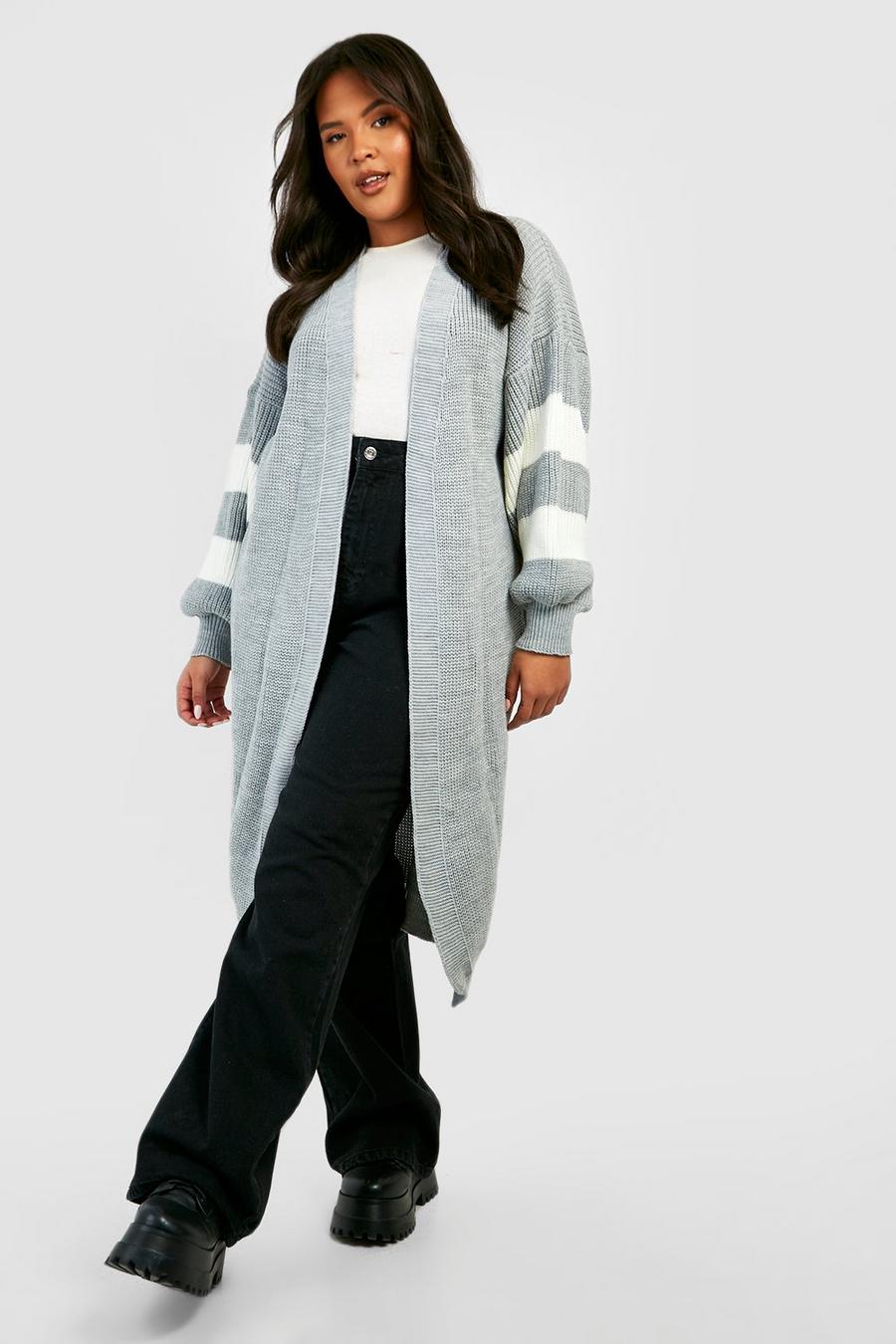 Grey Plus Knitted Stripe Sleeve Oversized Cardigan   image number 1