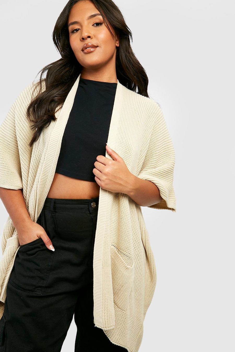 Stone beige Plus Knitted Batwing Oversized Cardigan 