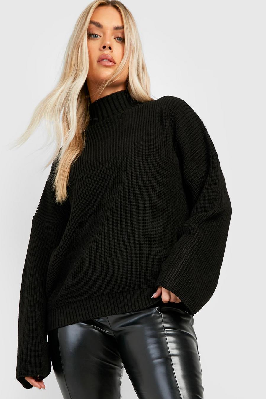 Black Plus Knitted Funnel Neck Sweater