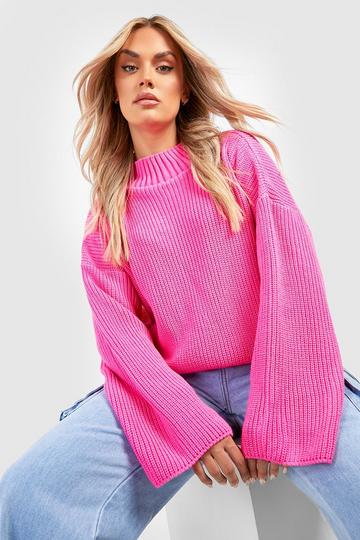 Plus Knitted Funnel Neck Sweater hot pink