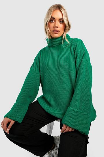 Plus Knitted Deep Cuff Turtleneck Sweater emerald