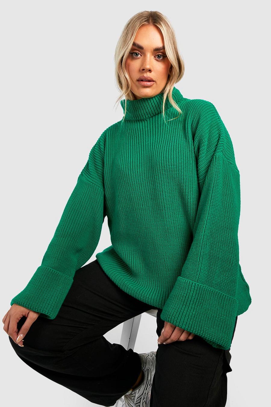 Maglione Plus Size in maglia con collo alto e polsini ampi, Emerald