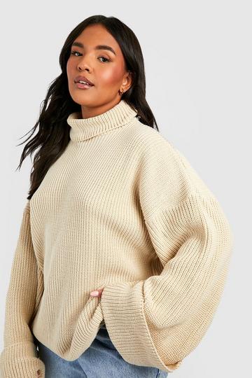 Plus Knitted Deep Cuff Roll Neck Jumper emerald