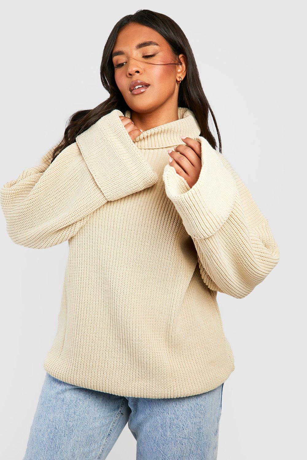 Boohoo Women s Plus Knitted Deep Cuff Roll Neck Jumper Beige