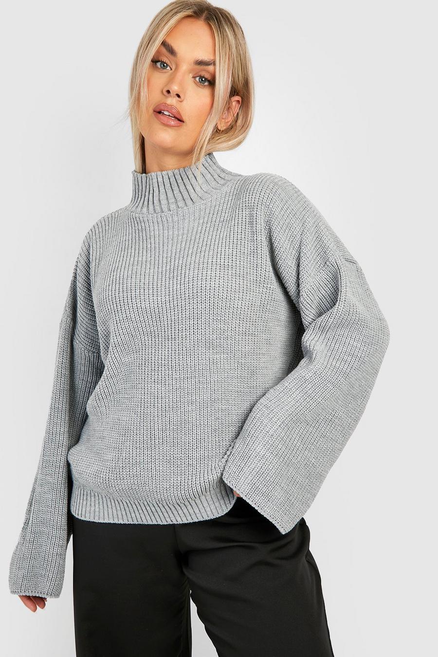 Grey Plus Knitted Funnel Neck Jumper