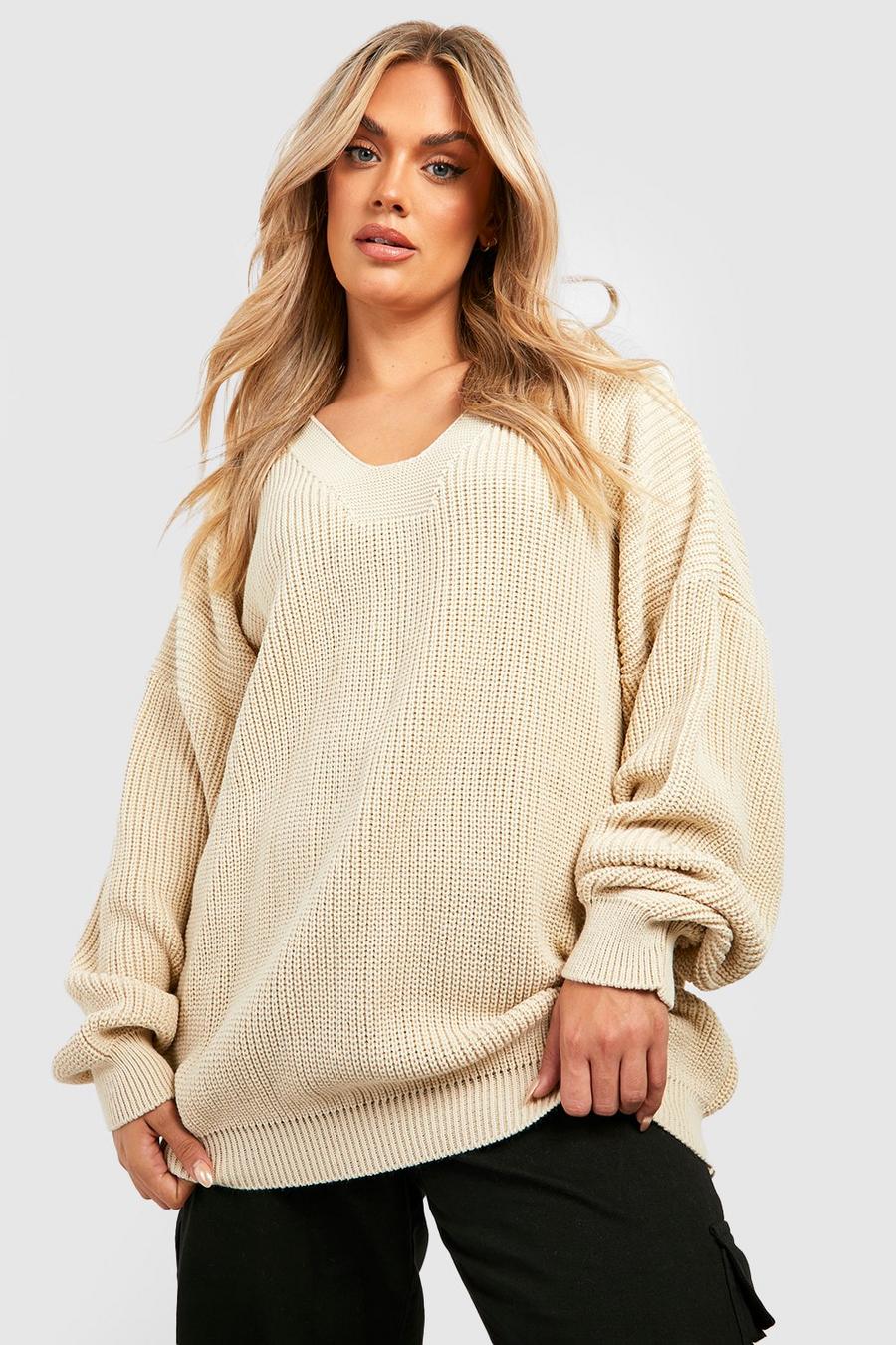 Beige Plus Knitted V Neck Sweater
