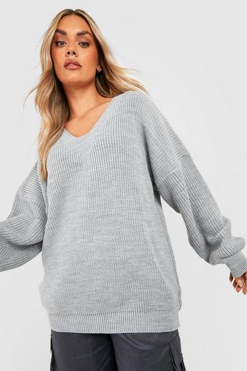 Plus Knitted V Neck Sweater grey