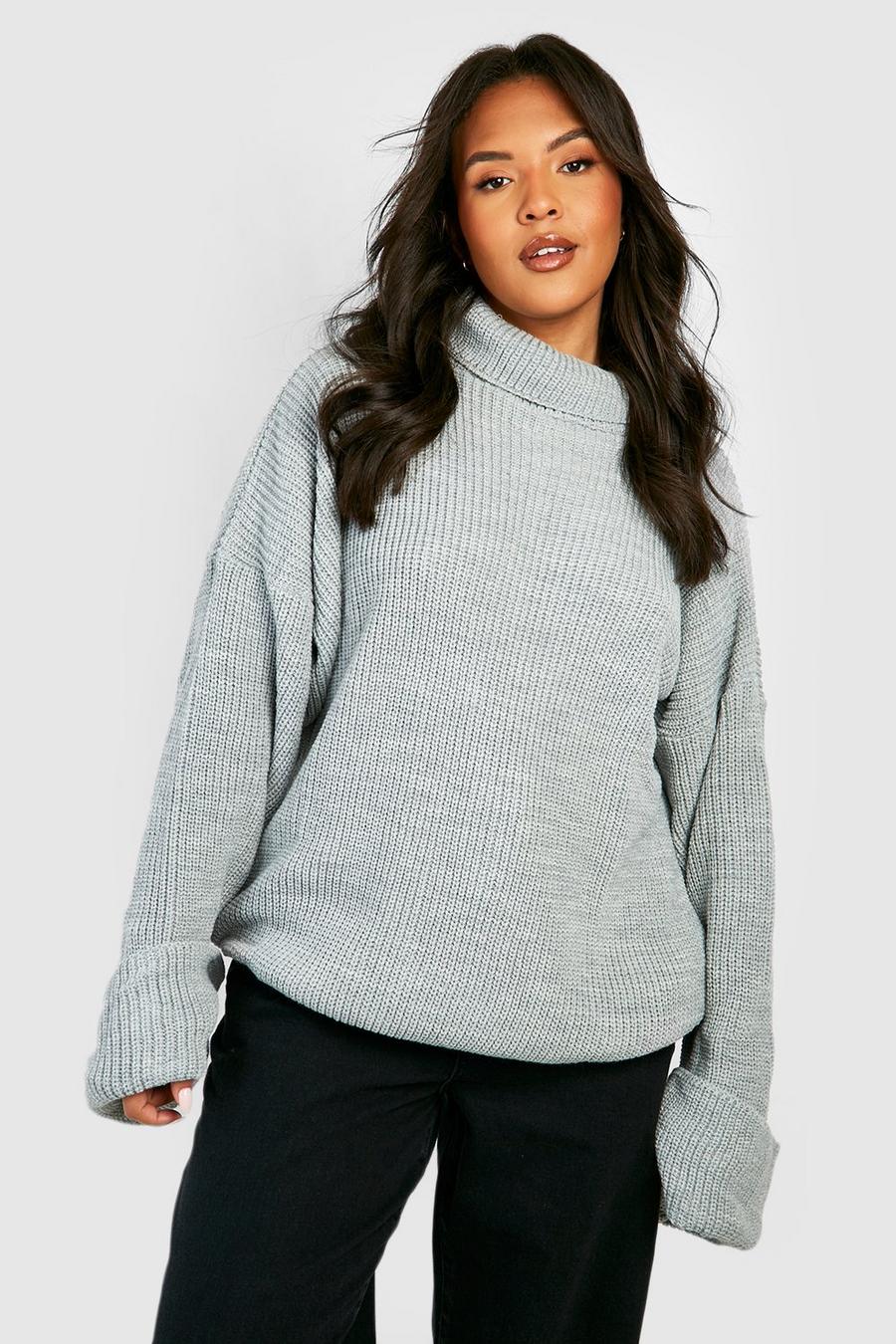 Grey Plus Knitted Deep Cuff Roll Neck Jumper image number 1