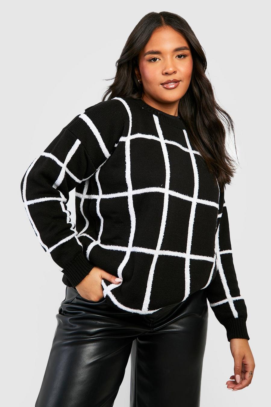 Black Plus Grid Flannel Round Neck Sweater image number 1