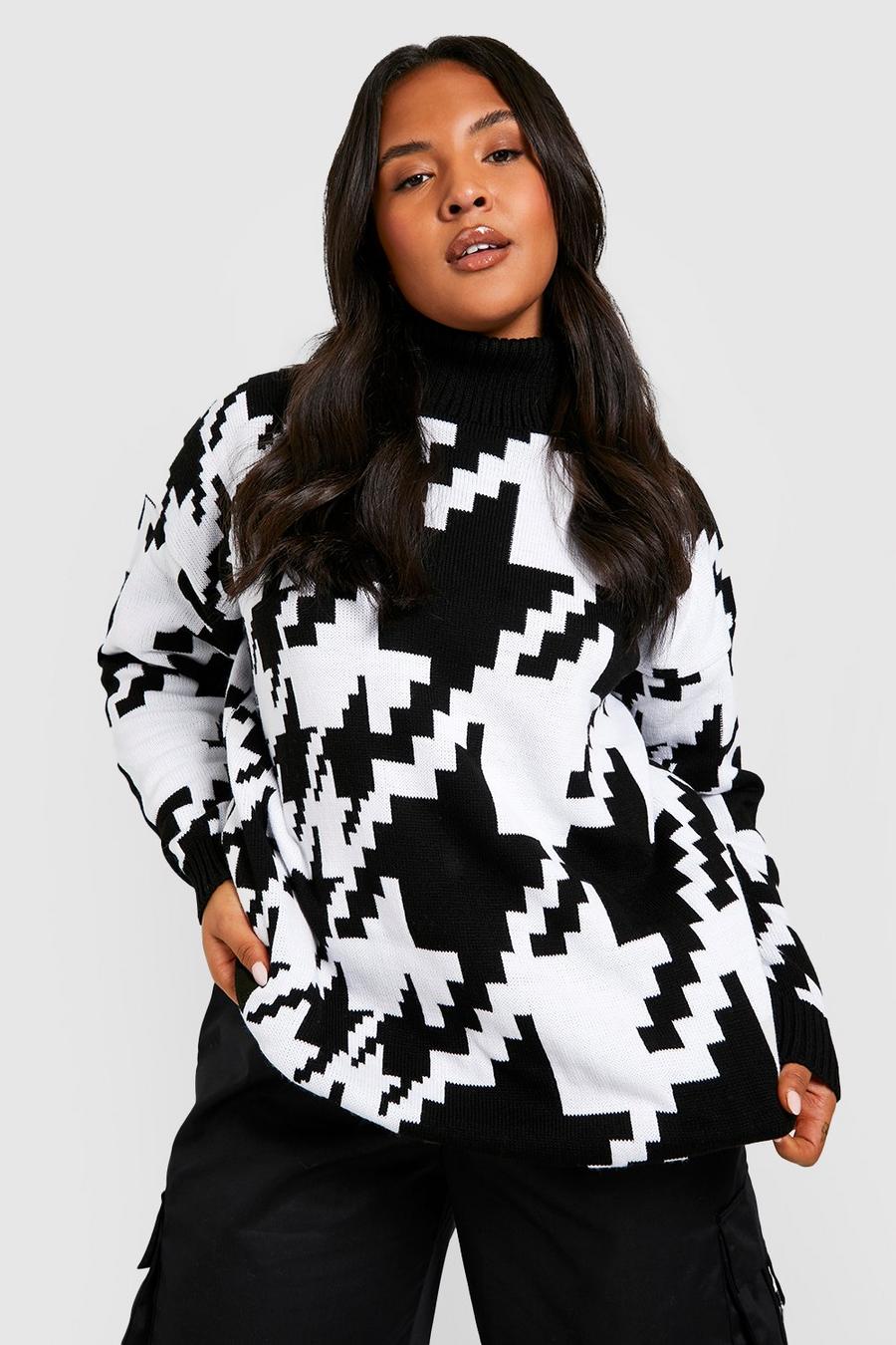 Plus Rollkragen-Pullover mit Hahnentritt-Print, Black