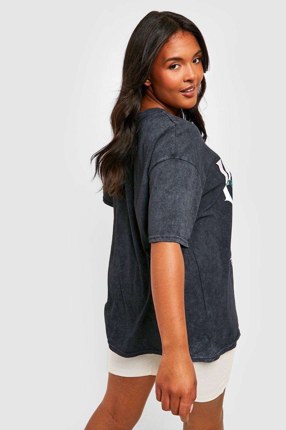 Plus Size Navy Blue Acid Wash 'New York' Oversized T-Shirt