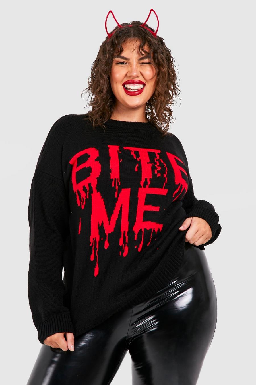 Maglione Plus Size di Halloween con slogan Bite Me, Black image number 1
