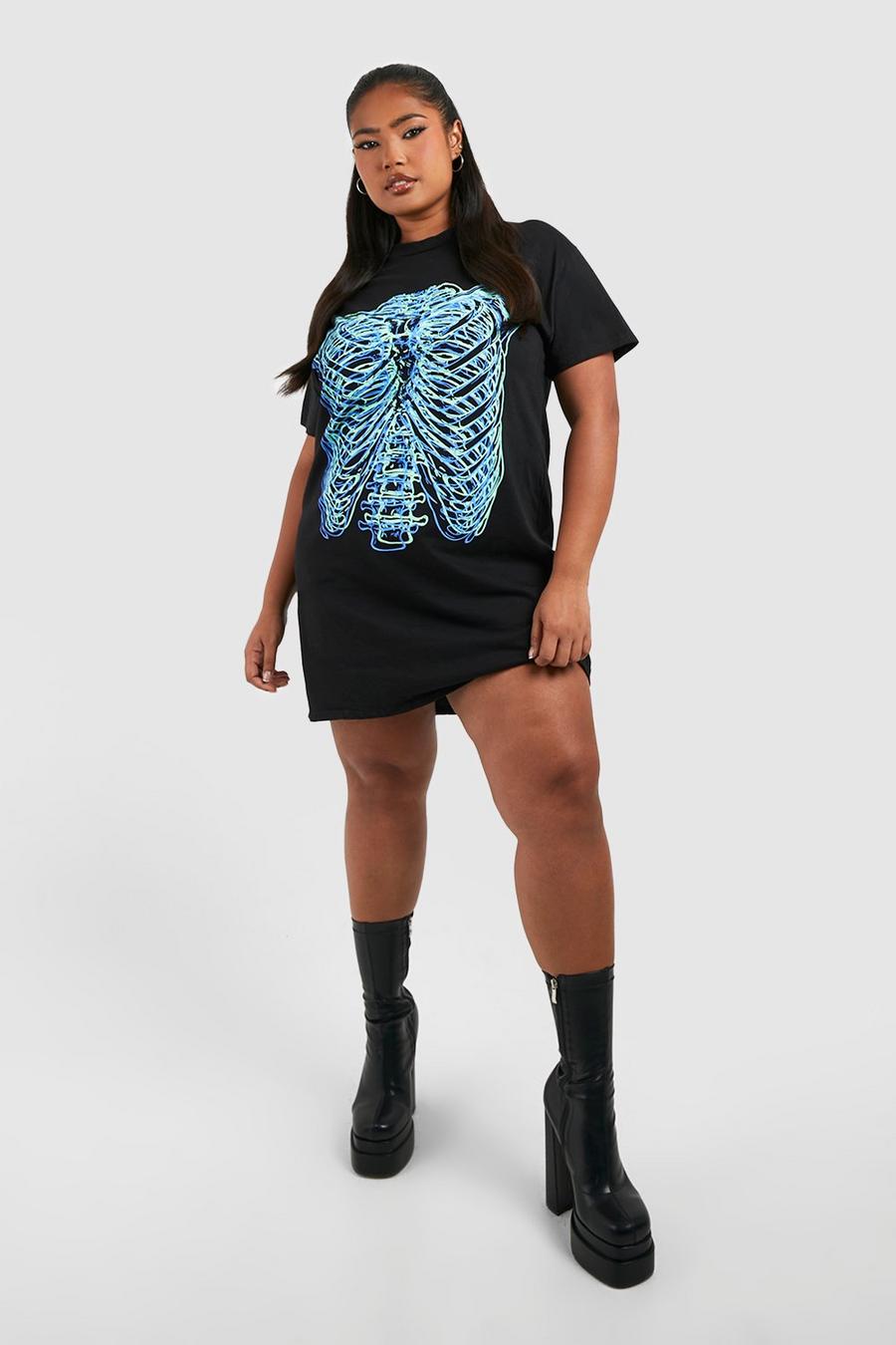 Grande taille - Robe t-shirt à imprimé squelette - Halloween, Black