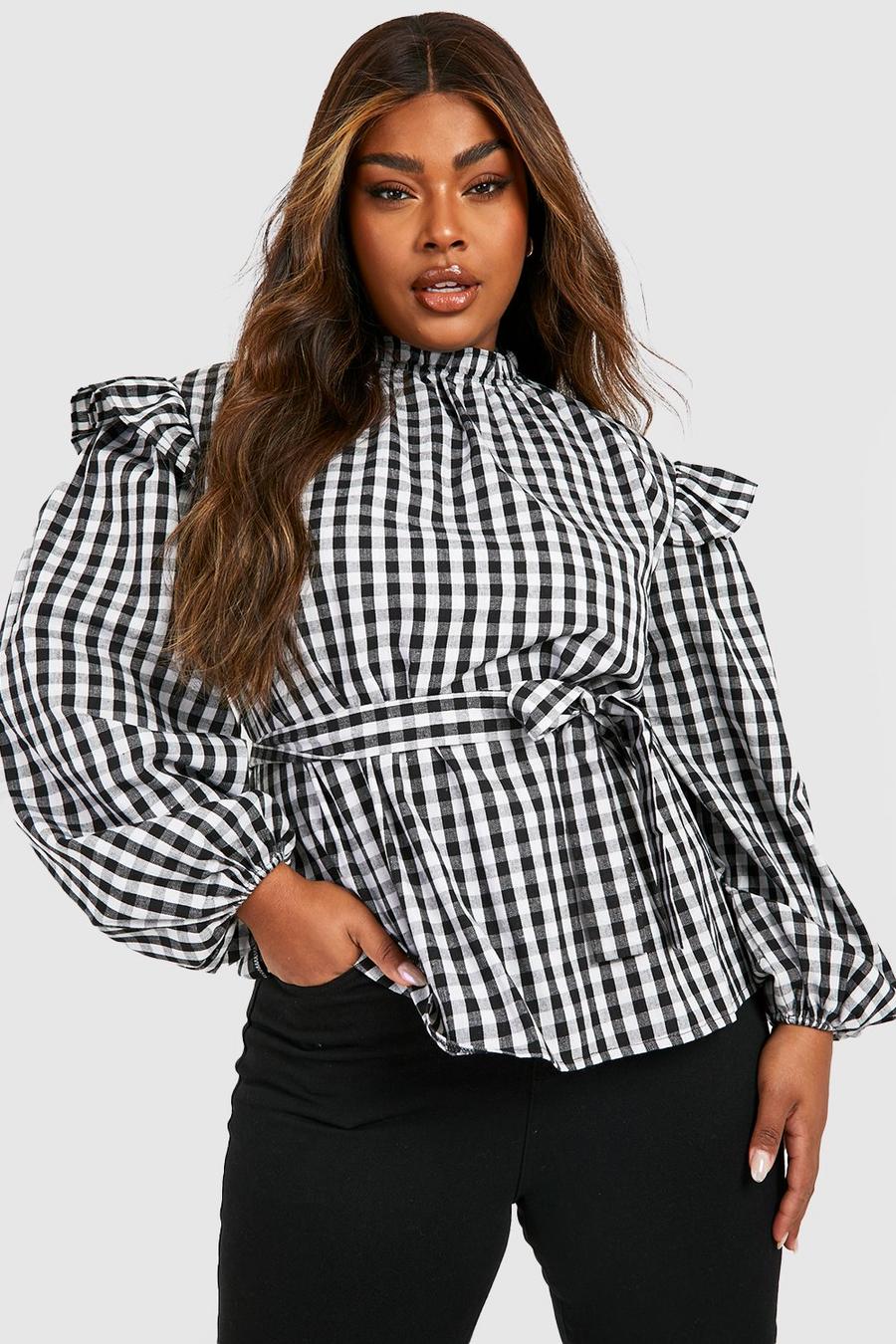 Black Plus Check Ruffle Smock Top image number 1