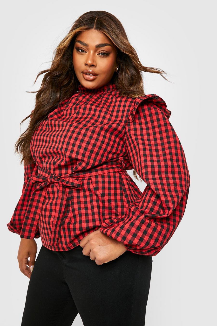 Red Plus Check Ruffle Smock Top image number 1