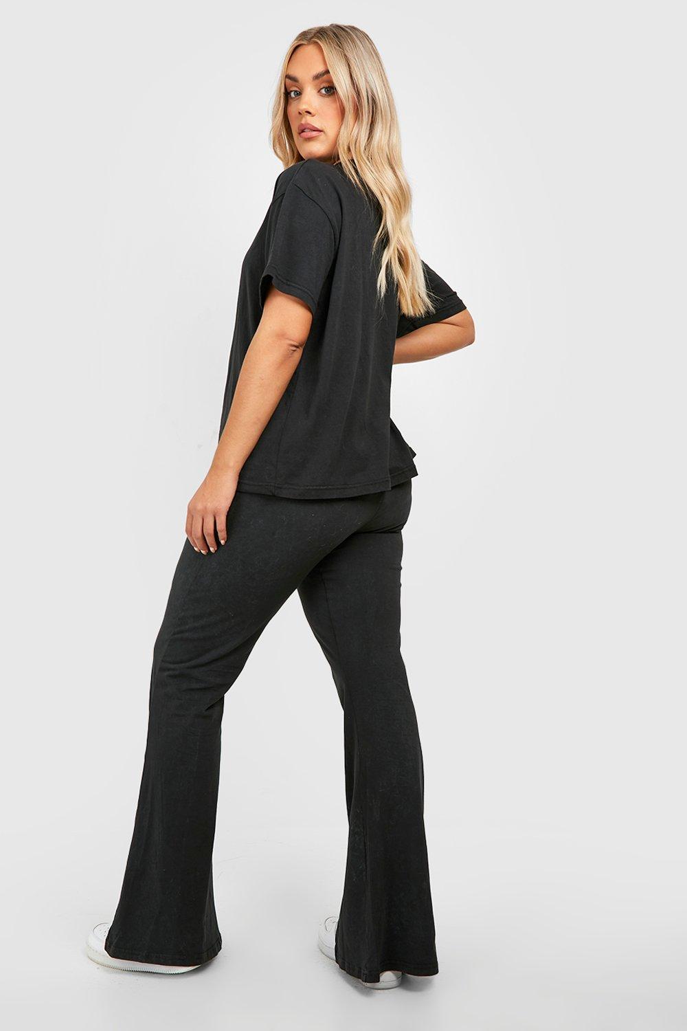 Plus Washed Flare Split Hem Legging Oversized T-Shirt Set