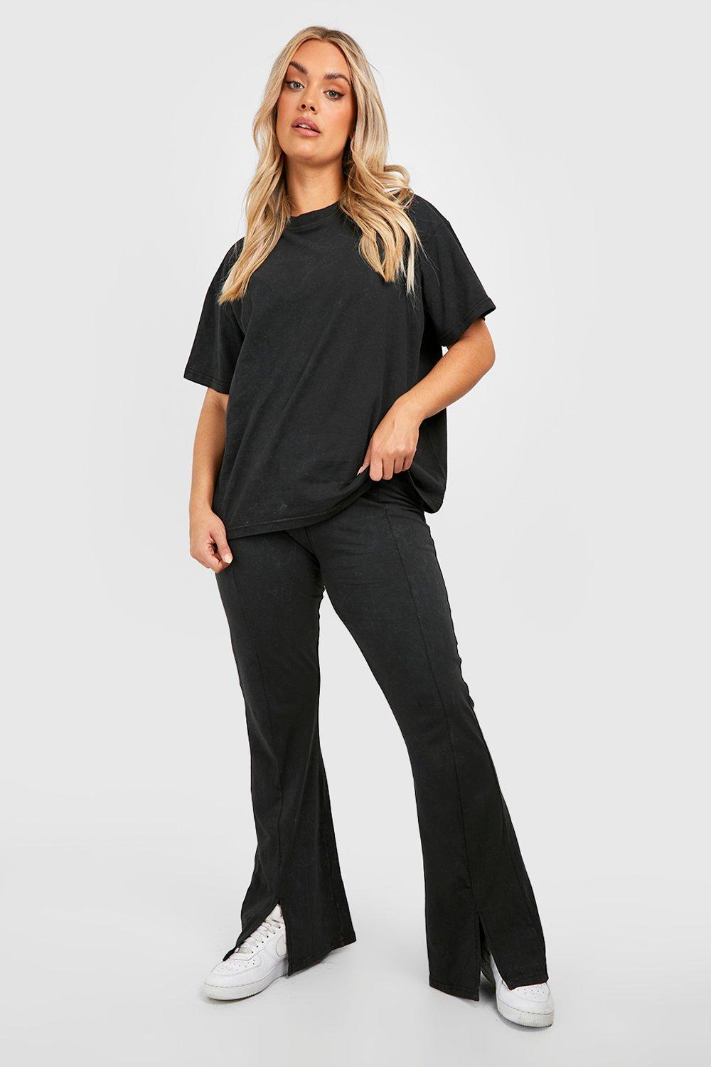 Women's Plus Washed Flare Split Hem Legging Oversized T-Shirt Set