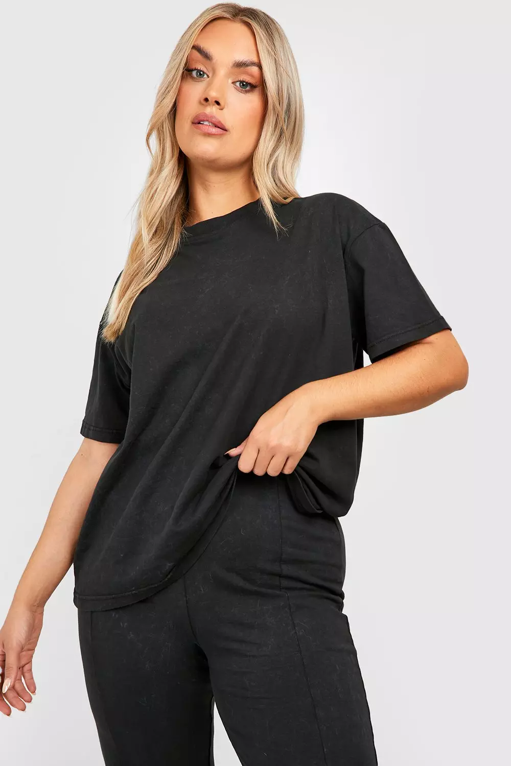 Plus Washed Flare Split Hem Legging Oversized T-Shirt Set