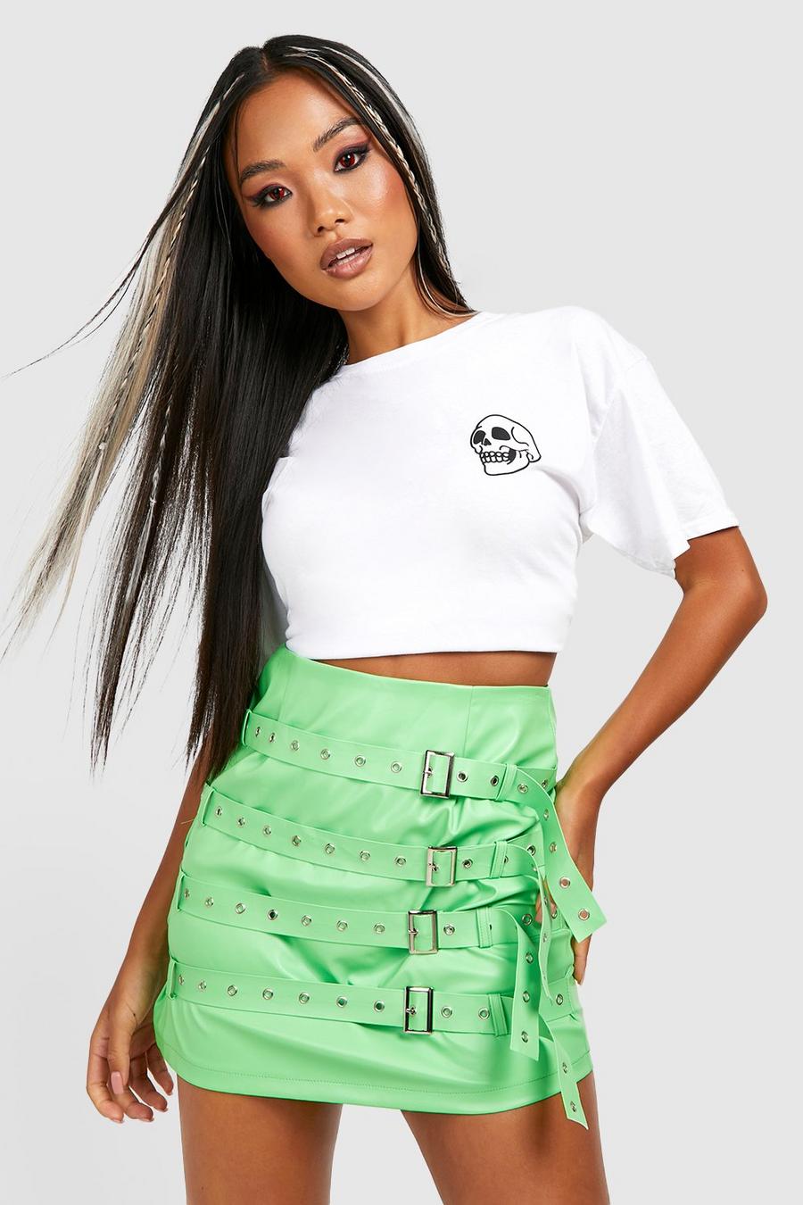 Minifalda Petite de cuero sintético con cinturón y hebilla, Lime verde