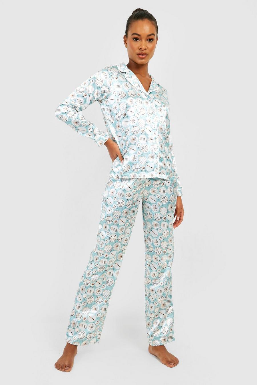 Blue blå Tall Christmas Bauble Print Button Down Satin Pyjama Set image number 1