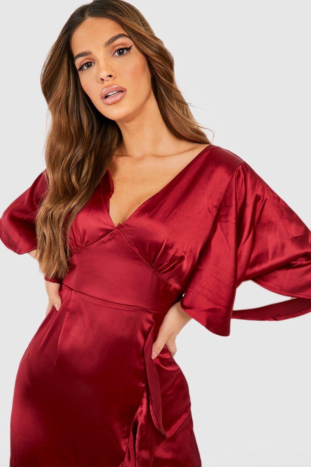 Boohoo angel sleeve ruched store mini dress in red