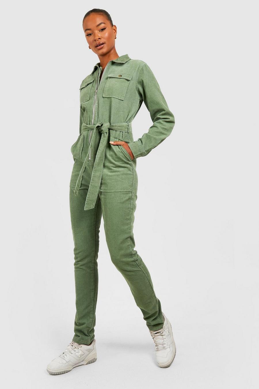 Khaki Tall Cargo Cord Belted Boilersuit image number 1