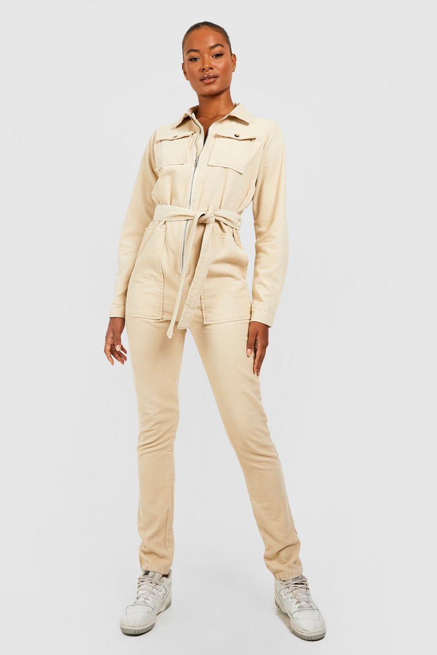 Stone Tall Cargo Cord Belted Boilersuit image number 1