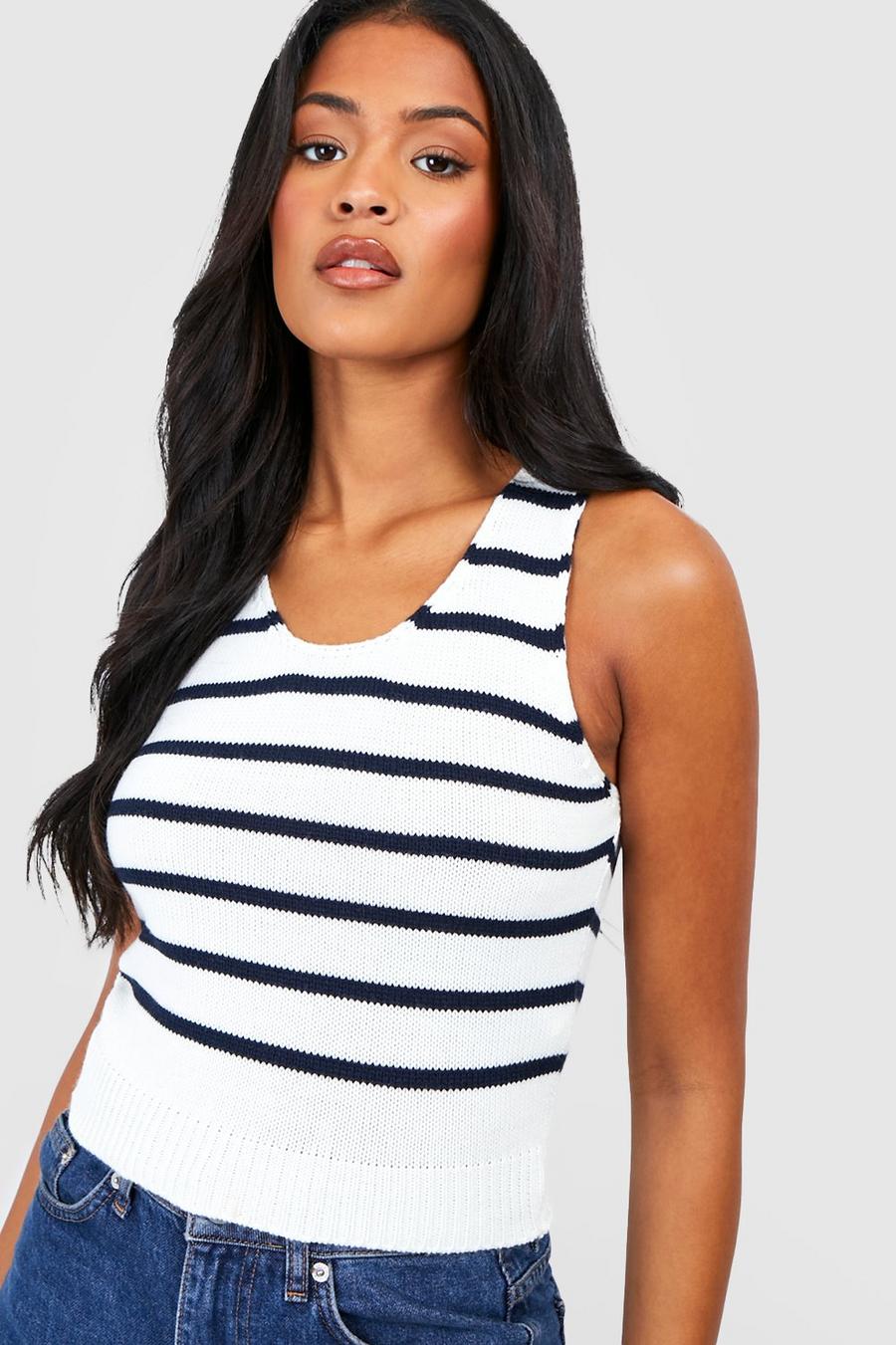 Bone Tall Knitted Stripe Strappy Top image number 1
