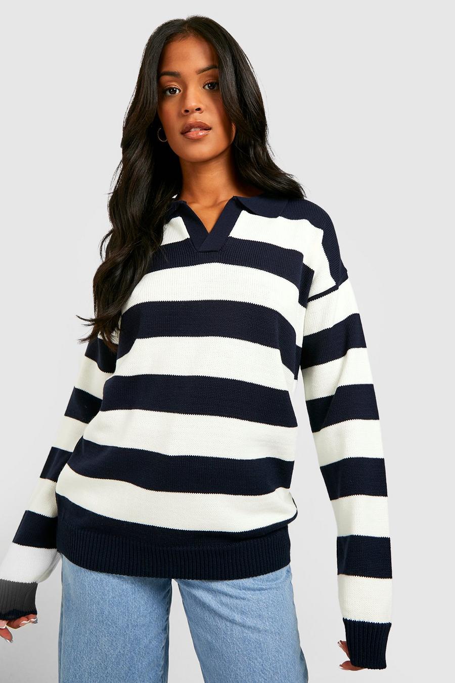 Navy Tall Knitted Stripe Collard Oversized Sweater image number 1