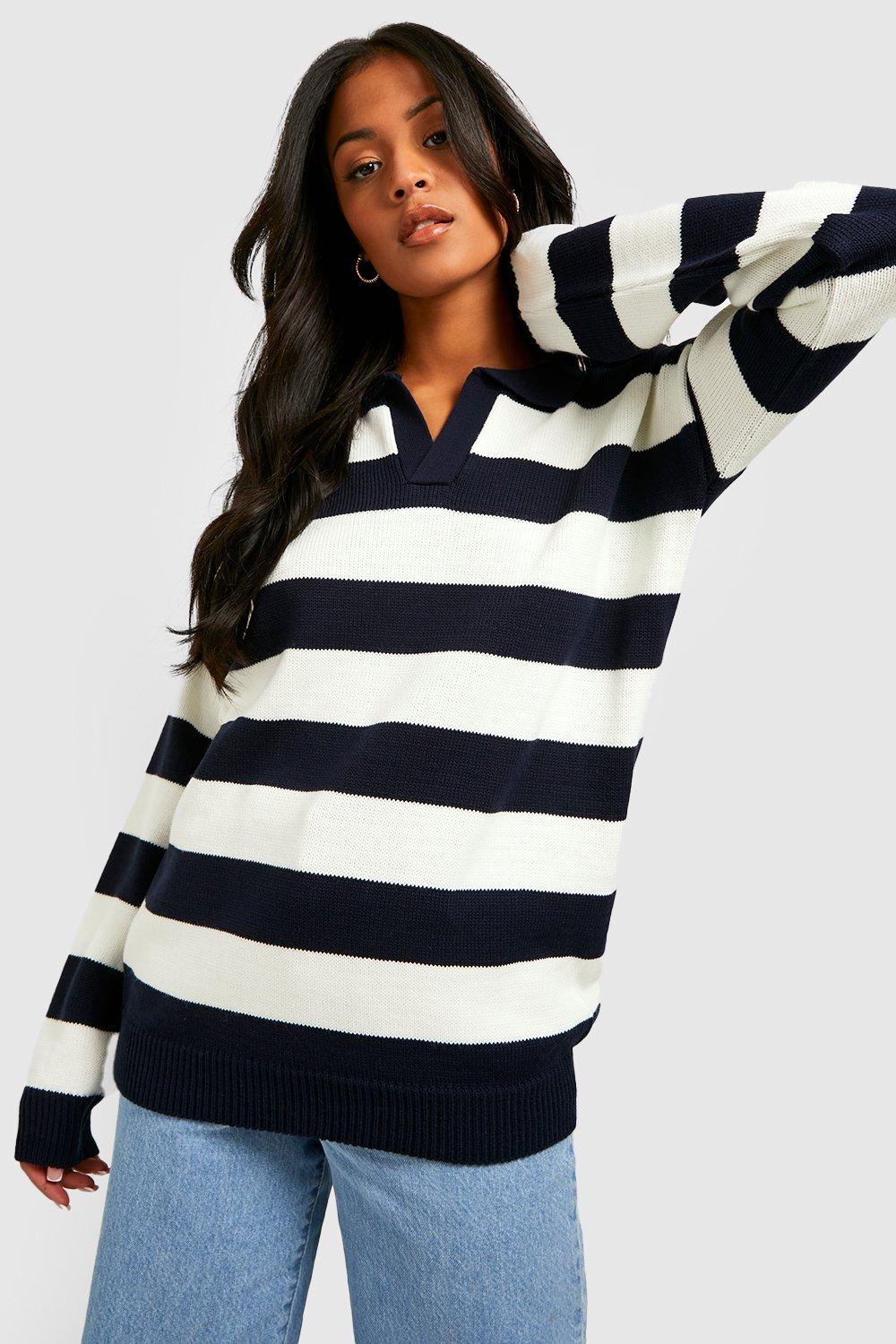 boohoo Tall Knitted Stripe Collard Oversized Sweater Navy Size 2