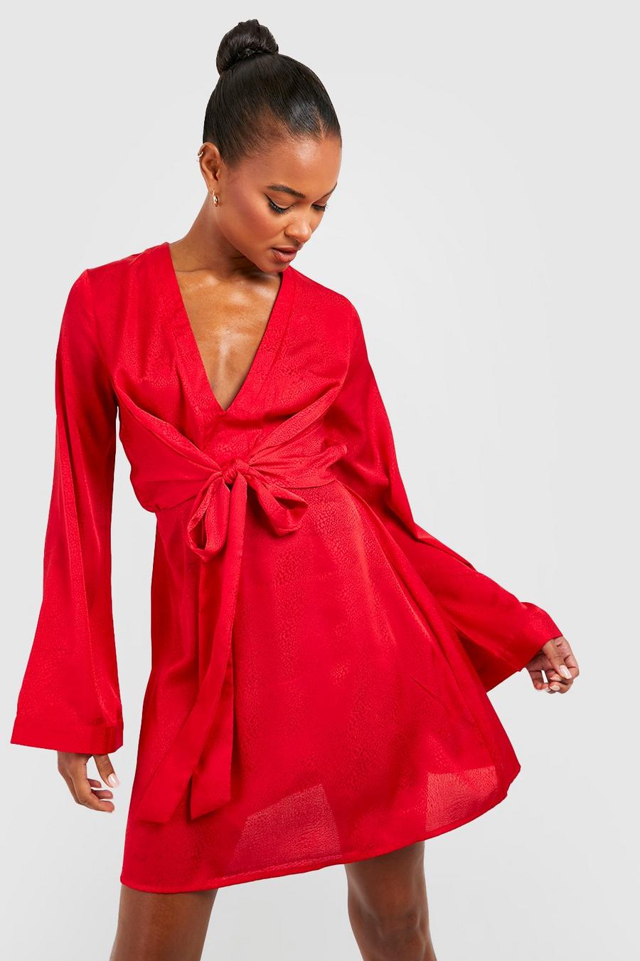 Red rouge Tall Leopard Jacquard Satin Tie Front Shift Dress