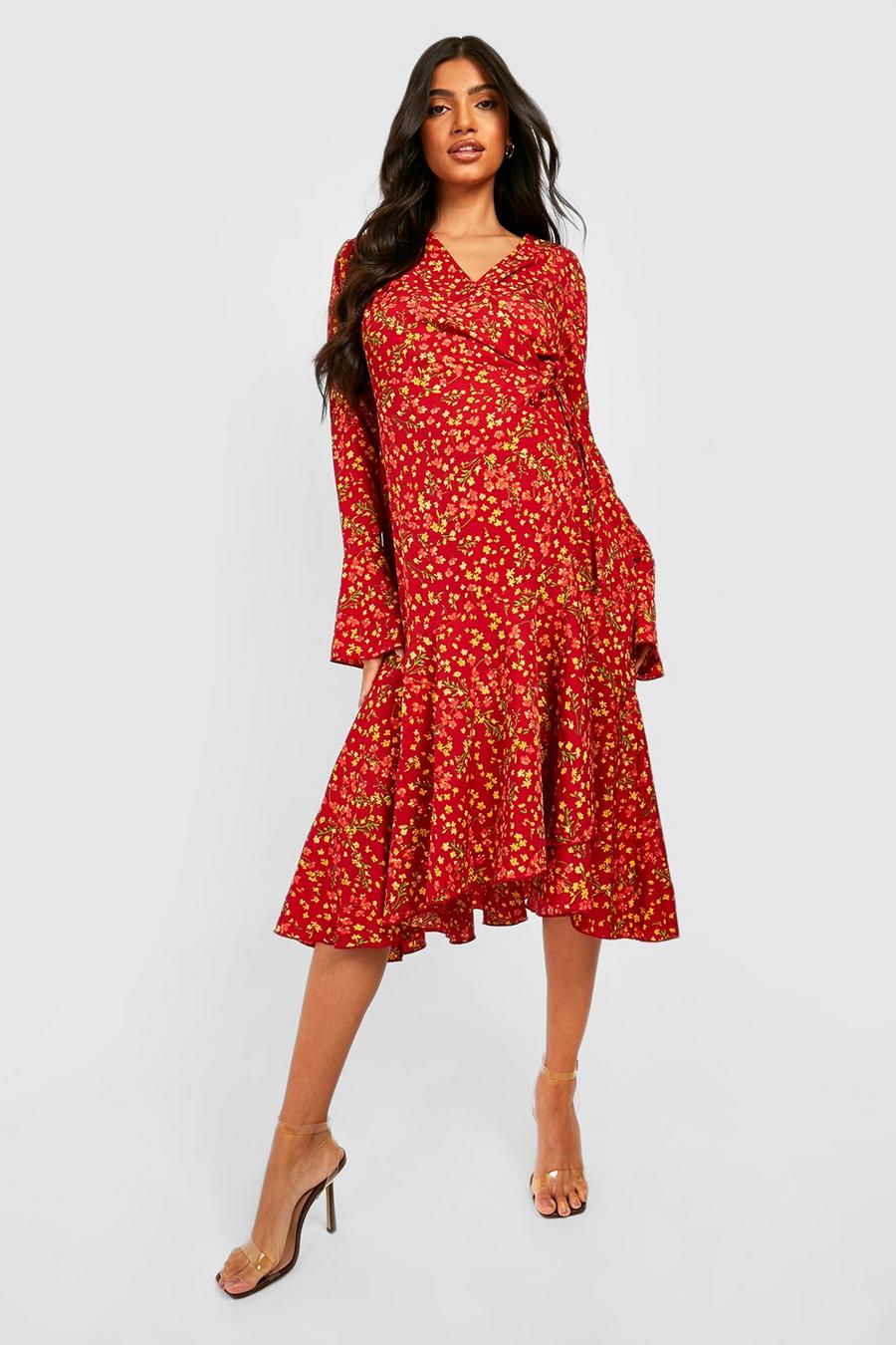 Red Maternity Floral Wrap Midi Dress image number 1