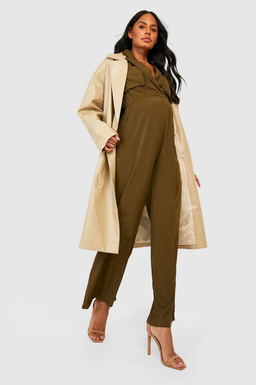 Khaki Maternity Oversized Utility Wide Leg Jumpsuit image number 1