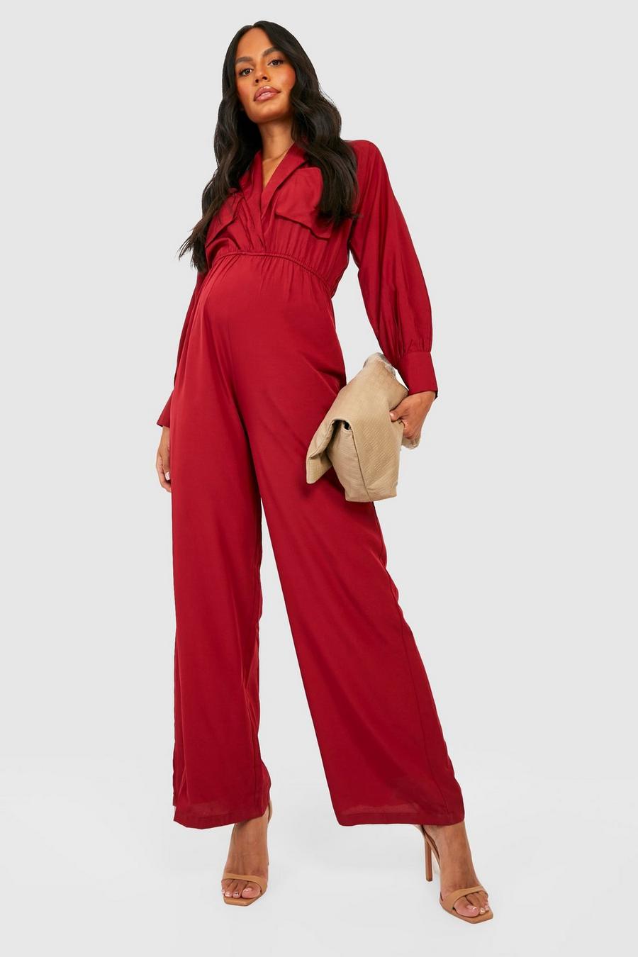 Wine red Maternity Oversized Utility Wide Leg Jumpsuit