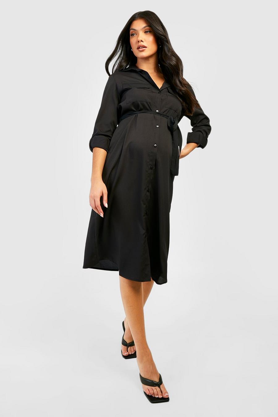 Black Maternity Belted Shirt Dress image number 1
