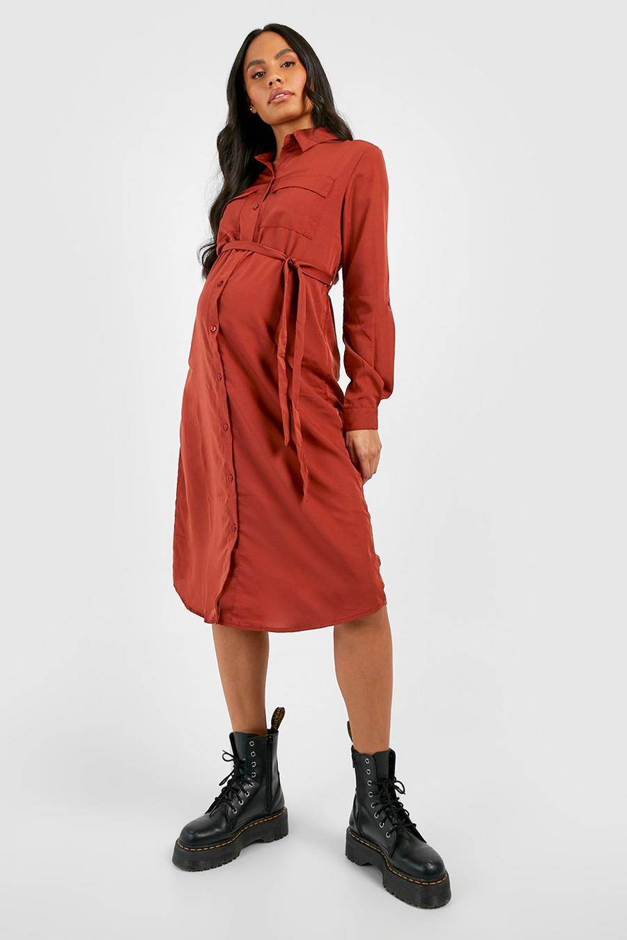 Rust Maternity Belted Shirt Dress image number 1
