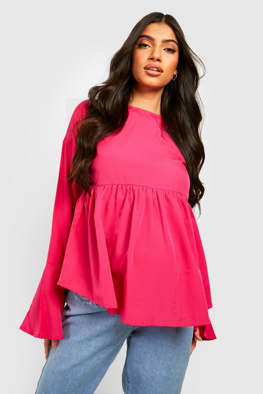 Hot pink Maternity Flare Sleeve Cross Back Smock Top image number 1