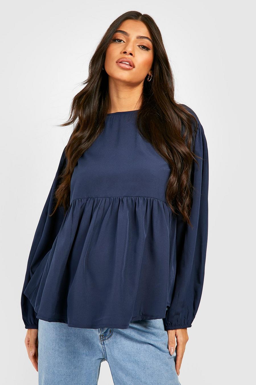Navy Maternity Puff Sleeve Cross Back Smock Top image number 1